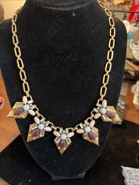 J Crew Gold Statement Necklace with Pink and Purple Accents